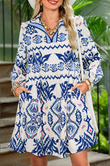 Blue Ethnic Print Pop of Color Neckline Long Sleeve Dress