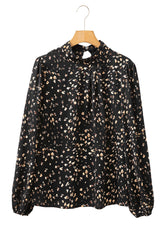 Black Leopard Print Puff Sleeve Mock Neck Pleated Blouse