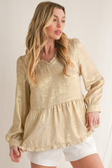 Gold Metallic Velvet Frill V Neck Puff Sleeve Babydoll Blouse