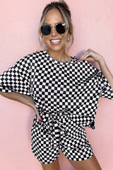 Black Checkered Top and Drawstring Shorts Pajama Set