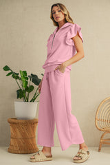 Pink Textured Ruffle Sleeve Zipped Top and Wide Leg Pants Set