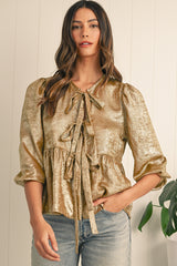 Gold Solid Color Bowknot Front Puff Sleeve Blouse