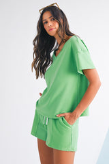 Mint Green V Neck Drop Shoulder Tee and Patchwork Shorts Set