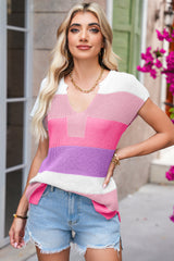 Pink Colorblock Notch V Neck Knit T Shirt