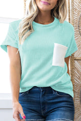 Light Blue Corded Colorblock Pocket Crew Neck T Shirt