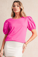 Bright Pink Pearl Beaded Puff Sleeve Ribbed Top