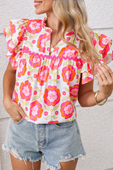Rose Boho Floral Print Ricrac Ruffle Sleeve Blouse