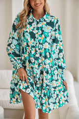 Blackish Green Flower Print Smocked Cuffs Tiered Mini Dress