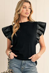 Black Leather Ruffle Shoulder Plain Blouse