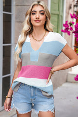 Light Blue Colorblock Notch V Neck Knit T Shirt