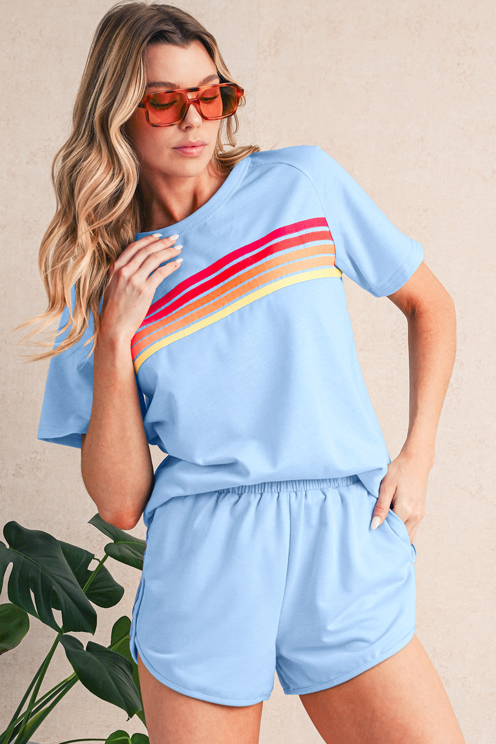 Beau Blue Colorful Striped Casual Tee