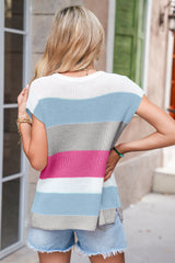 Light Blue Colorblock Notch V Neck Knit T Shirt