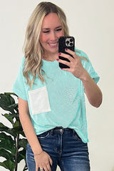 Light Blue Corded Colorblock Pocket Crew Neck T Shirt