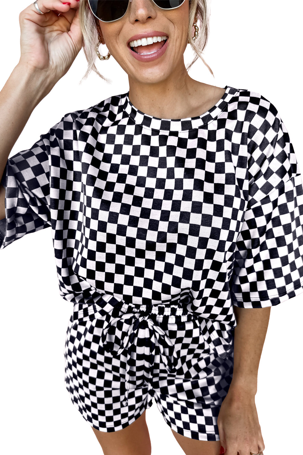 Black Checkered Top and Drawstring Shorts Pajama Set