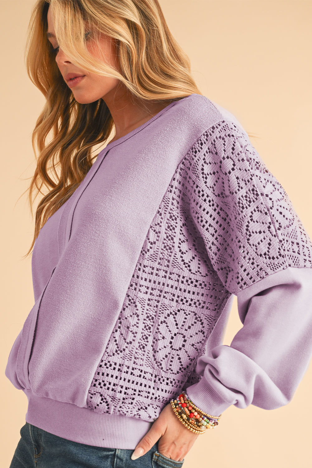 Orchid Petal Crochet Patchwork Exposed Seam Ribbed Trim Sweatshirt
