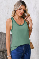 Mist Green Contrast Trim Round Neck Tank Top