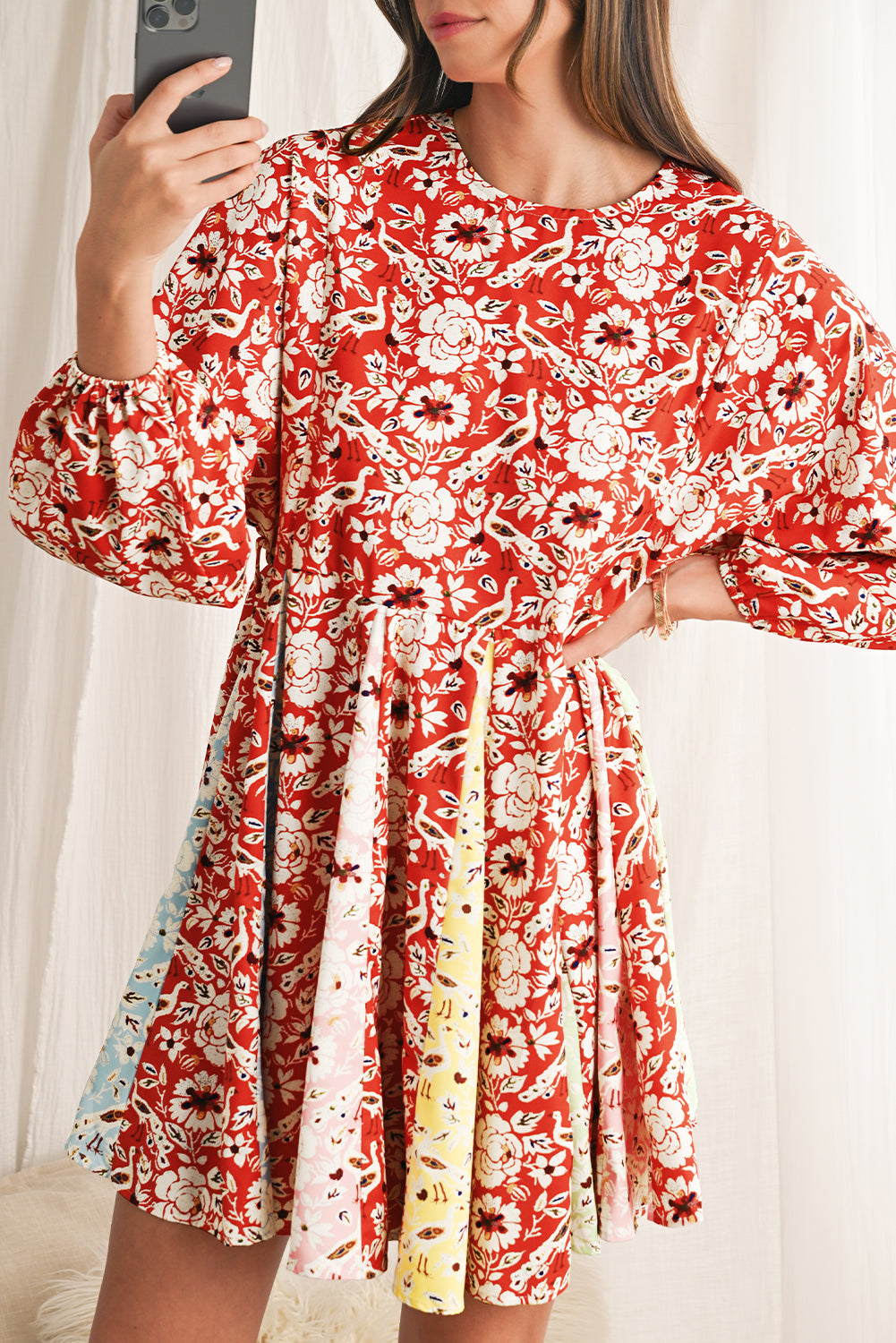 Red Boho Floral Patchwork Long Sleeve Pleated Dress