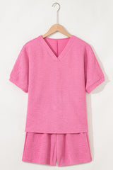 Pink Textured V Neck T Shirt and Shorts Set