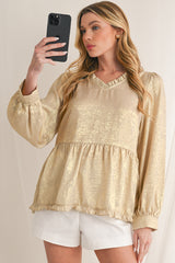 Gold Metallic Velvet Frill V Neck Puff Sleeve Babydoll Blouse