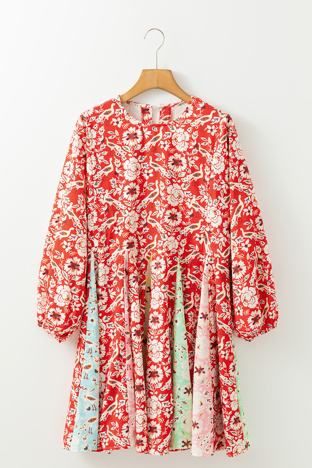 Red Boho Floral Patchwork Long Sleeve Pleated Dress