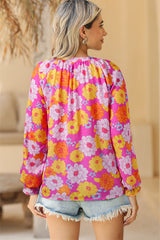 Rose Flower Print V Neck Relaxed Sleeve Blouse