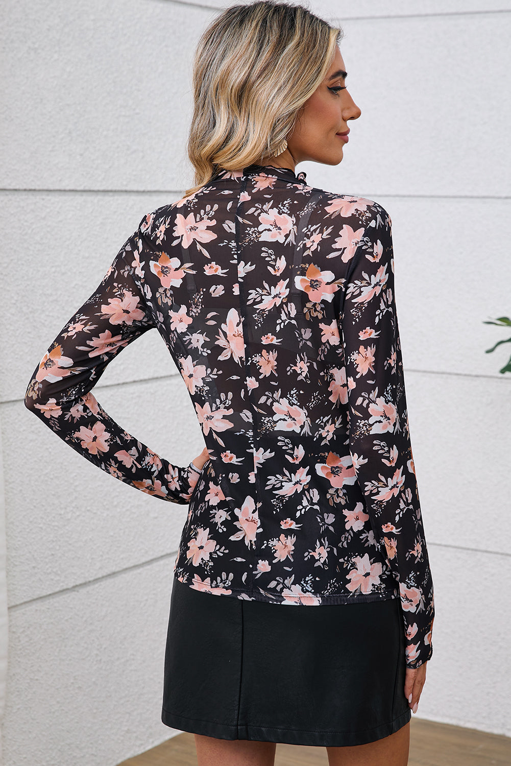 Black Floral Long Sleeve Slim Fit Mesh Top
