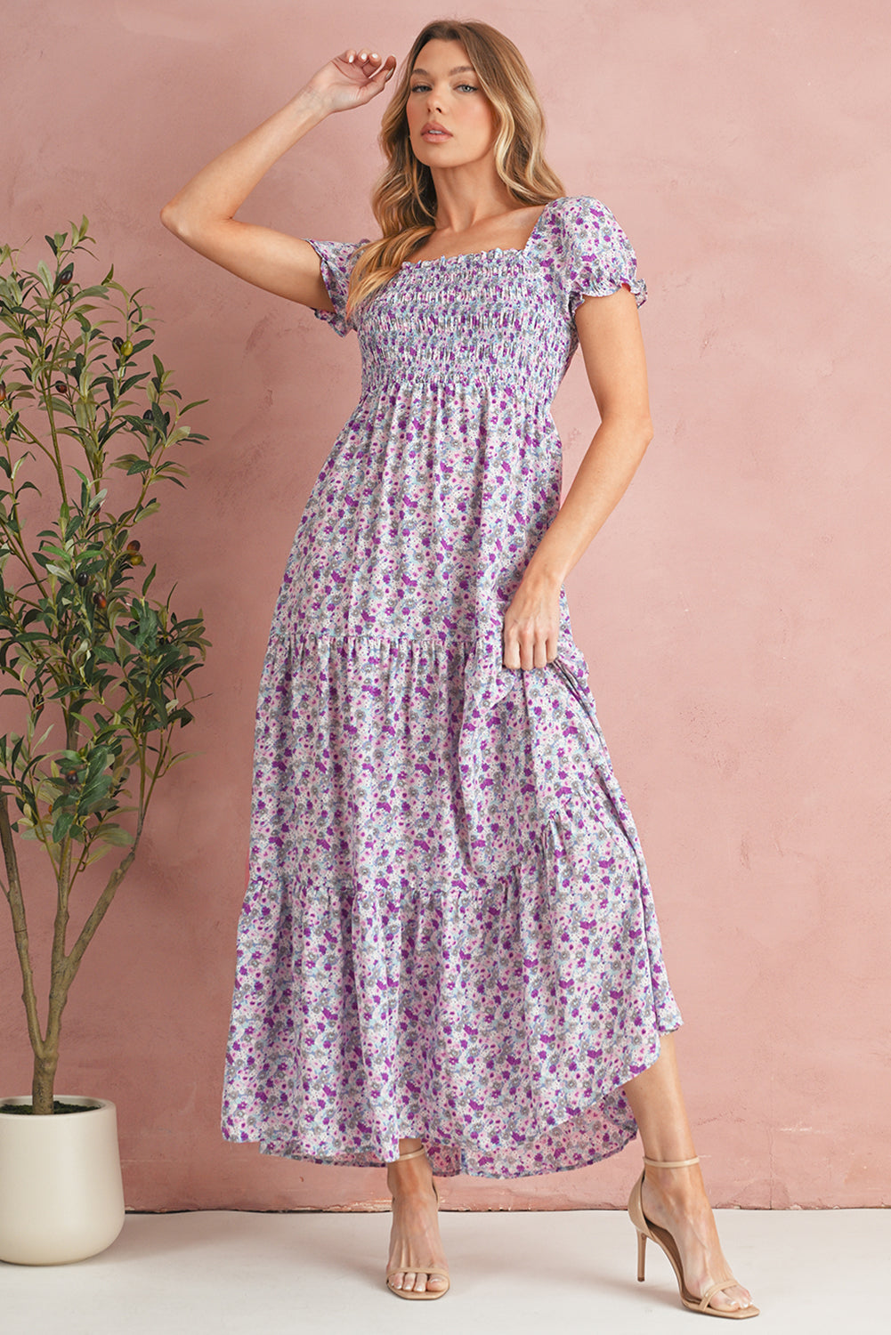 Purple Floral Short Bubble Sleeve Smocked High Waist Maxi Dress