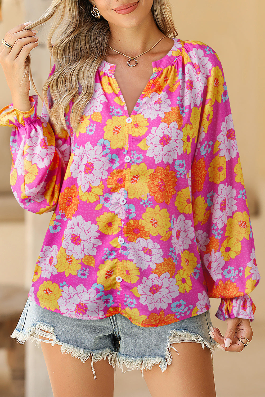 Rose Flower Print V Neck Relaxed Sleeve Blouse
