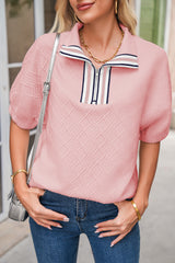 Light Pink Puff Sleeve Zipper Pop of Color Neckline Blouse