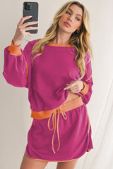Rose Red Contrast Trim Loose Pullover and Lace-up Waist Shorts Set