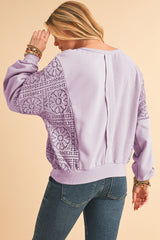 Orchid Petal Crochet Patchwork Exposed Seam Ribbed Trim Sweatshirt