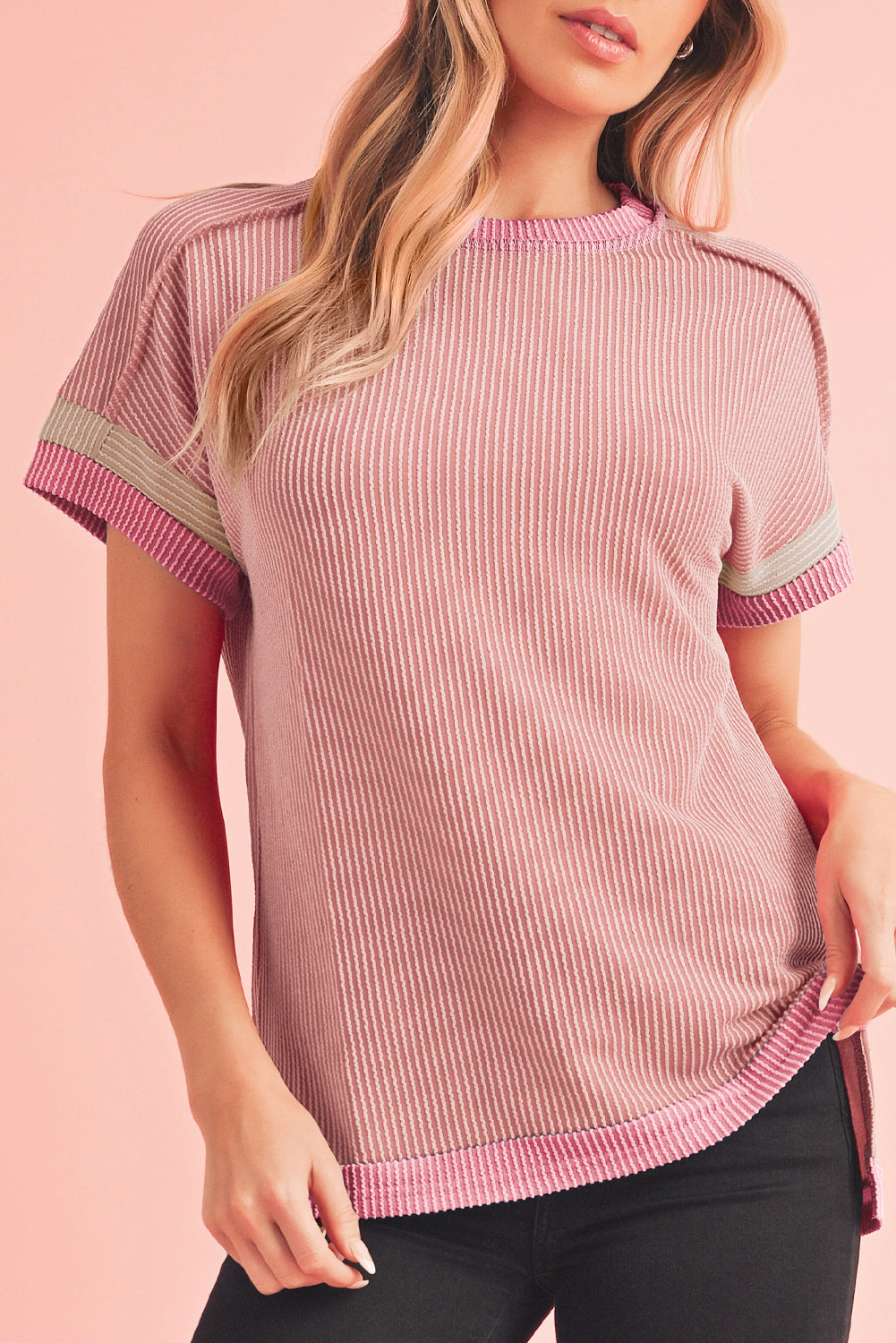 Light Pink Textured Colorblock Round Neck T Shirt