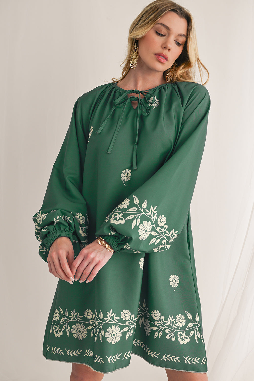 Mist Green Boho Floral V Neck Mini Dress