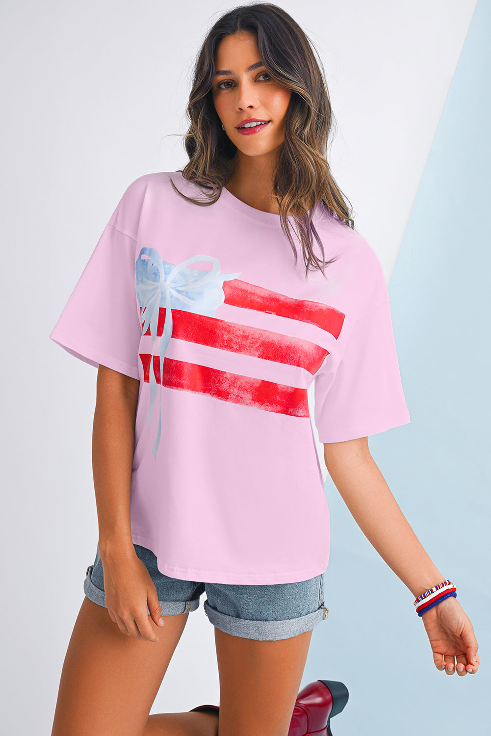 Light Pink Flag Bow Graphic Crewneck Tee