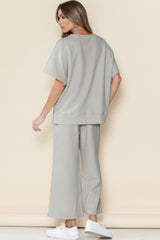 Gray Textured Loose Fit T Shirt & Drawstring Pants Set