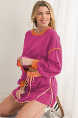 Rose Red Contrast Trim Loose Pullover and Lace-up Waist Shorts Set