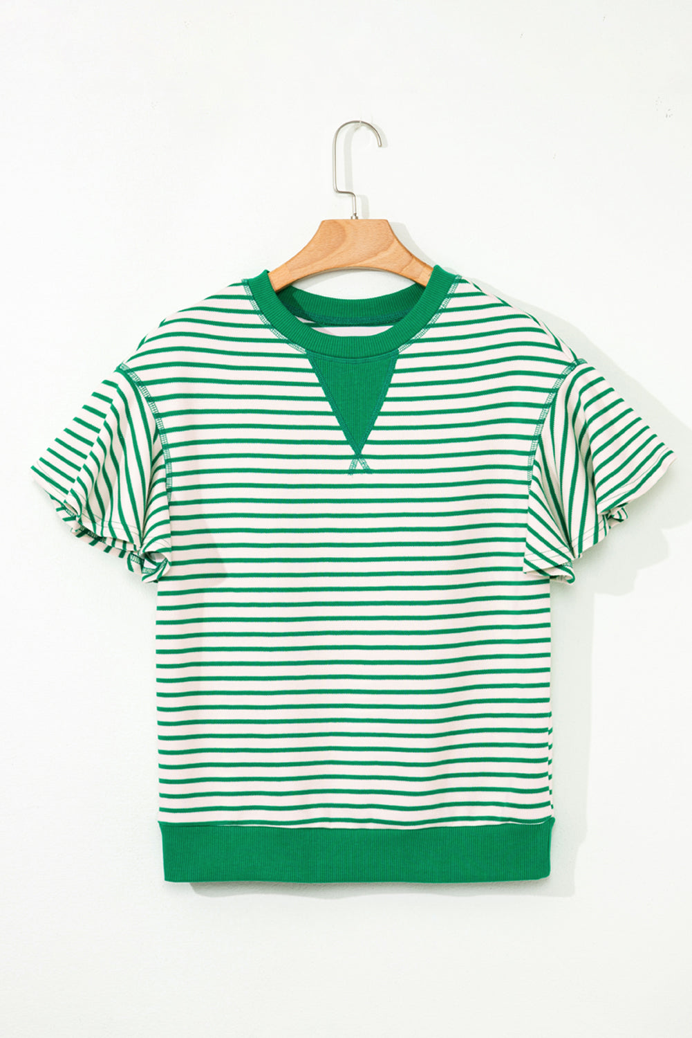 Bright Green Striped Ruffle Sleeve Round Neck Top
