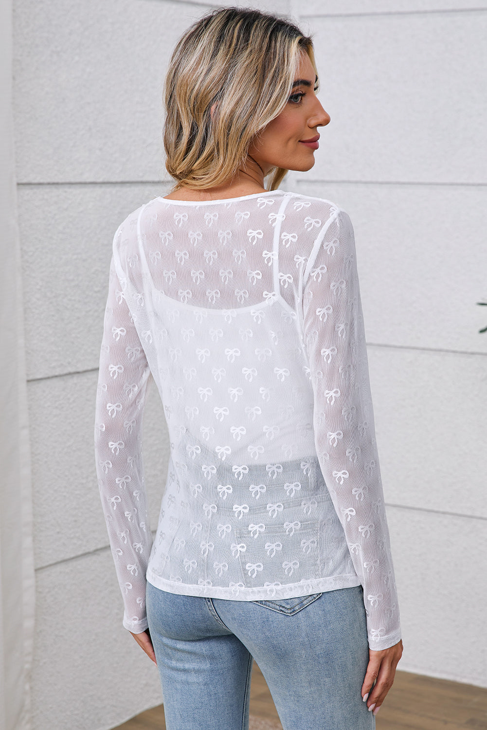White Bow Pattern Long Sleeve Slim Fit Mesh Top