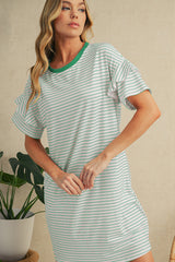 Green Stripe Ruffle Short Sleeve T Shirt Mini Dress