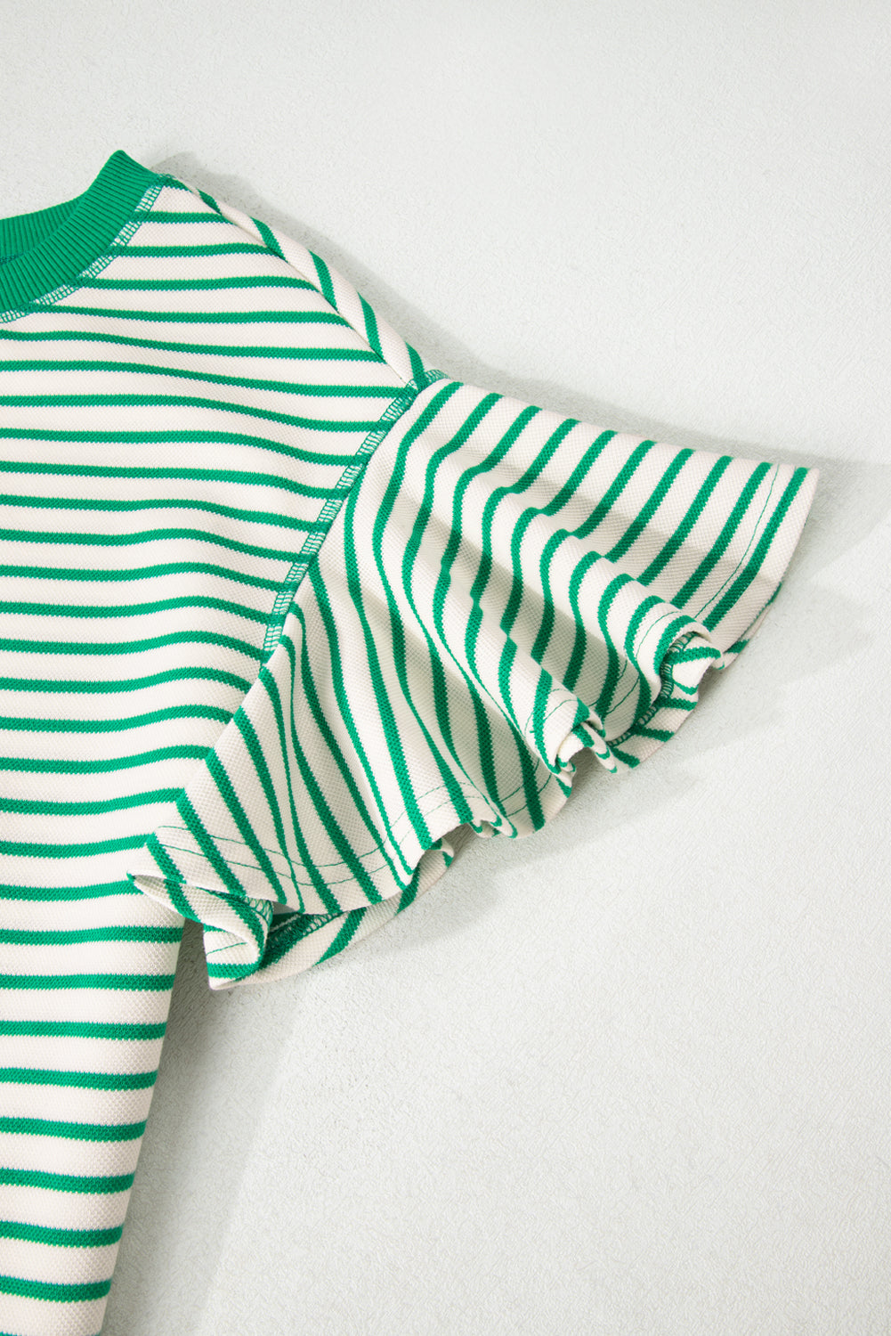 Bright Green Striped Ruffle Sleeve Round Neck Top