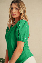 Bright Green Pearl Beaded Puff Sleeve Ribbed Top