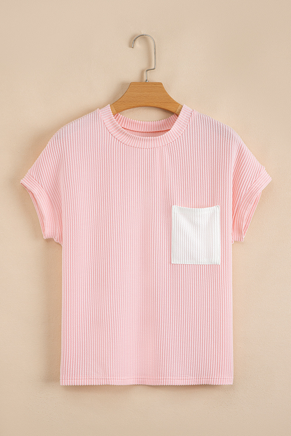 Pink Corded Colorblock Pocket Crew Neck T Shirt