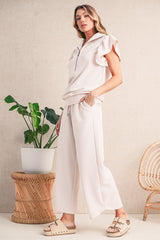 Apricot Textured Ruffle Sleeve Zipped Top and Wide Leg Pants Set