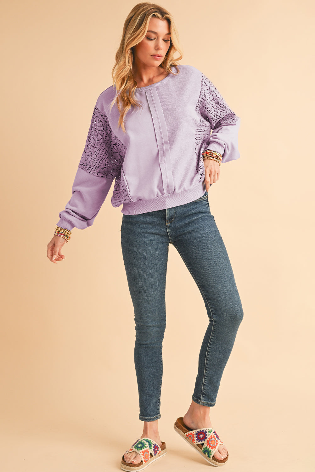 Orchid Petal Crochet Patchwork Exposed Seam Ribbed Trim Sweatshirt