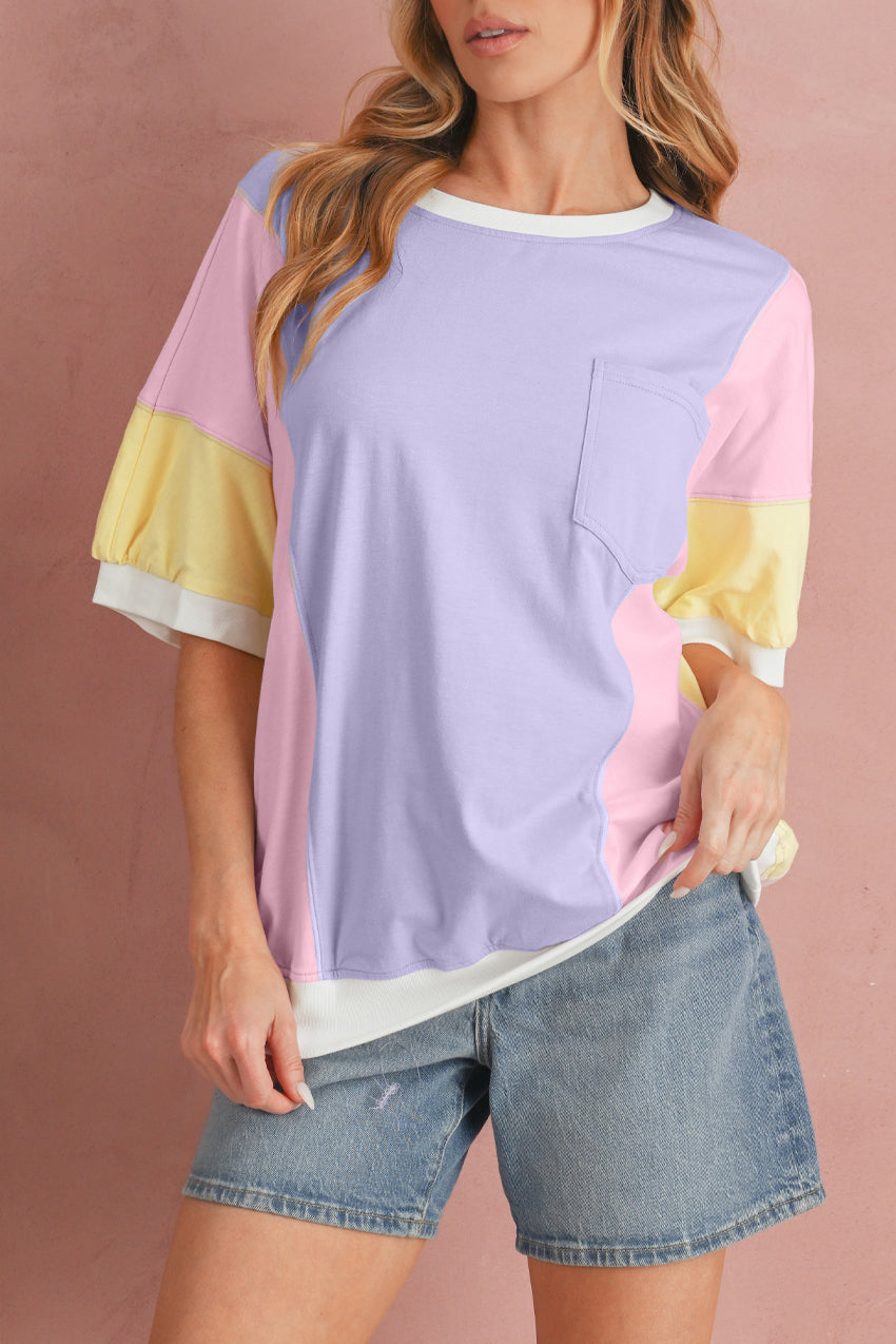 Purple Colorblock Patchwork Oversized T Shirt