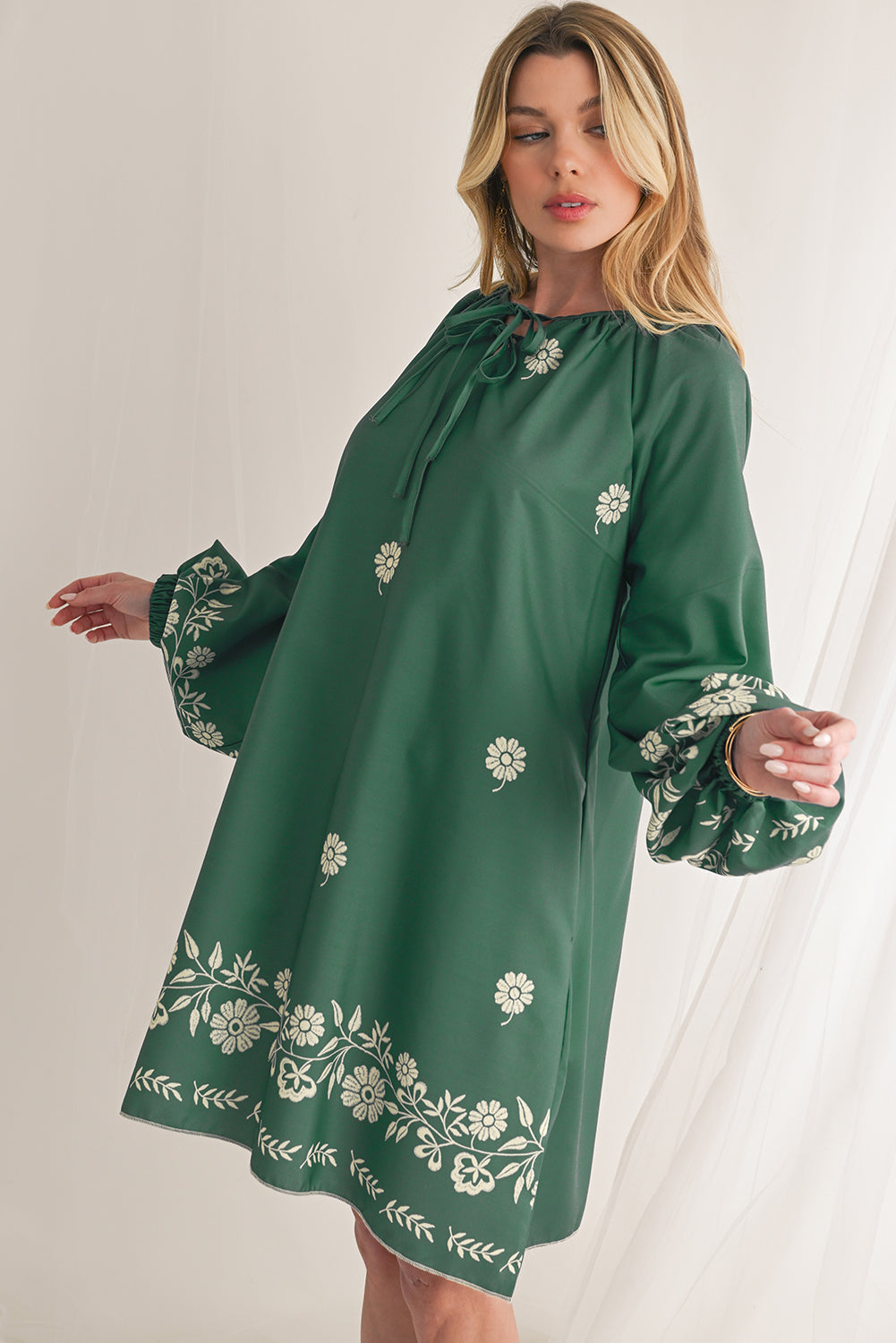 Mist Green Boho Floral V Neck Mini Dress