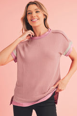 Light Pink Textured Colorblock Round Neck T Shirt