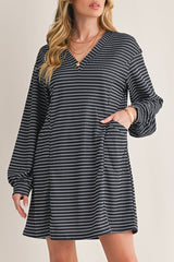 Black Striped V-Neck Long Sleeve Mini Dress
