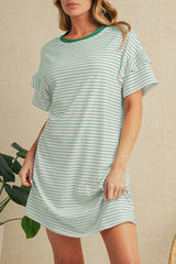 Green Stripe Ruffle Short Sleeve T Shirt Mini Dress