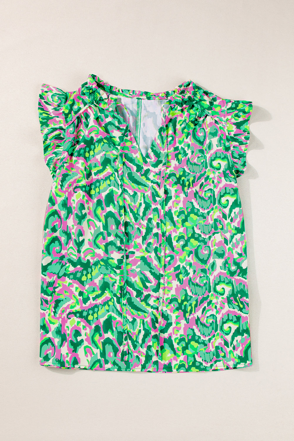 Green Abstract Print Frill Split Neck Ruffle Sleeveless Top